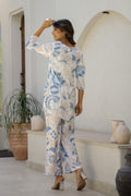 Elegant Blue & White Floral Satin Pajama Set - Soft & Stylish Nightwear | Co-Ord Set | Shop stylish women's clothing online at Label Flavia |