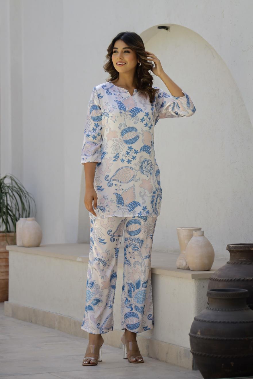 Elegant Blue & White Floral Satin Pajama Set - Soft & Stylish Nightwear | Co-Ord Set | Shop stylish women's clothing online at Label Flavia |