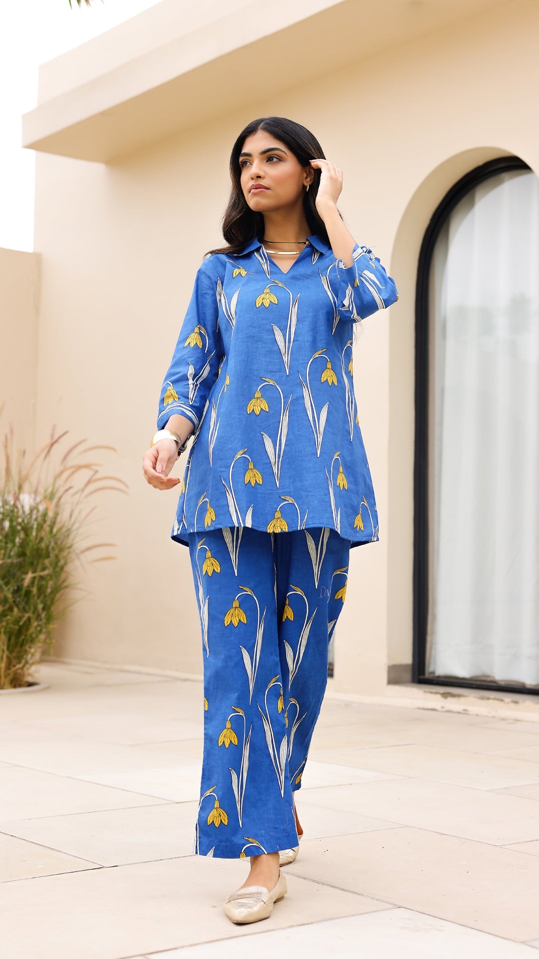 Blue Floral Co-ord Set with Yellow Blooms