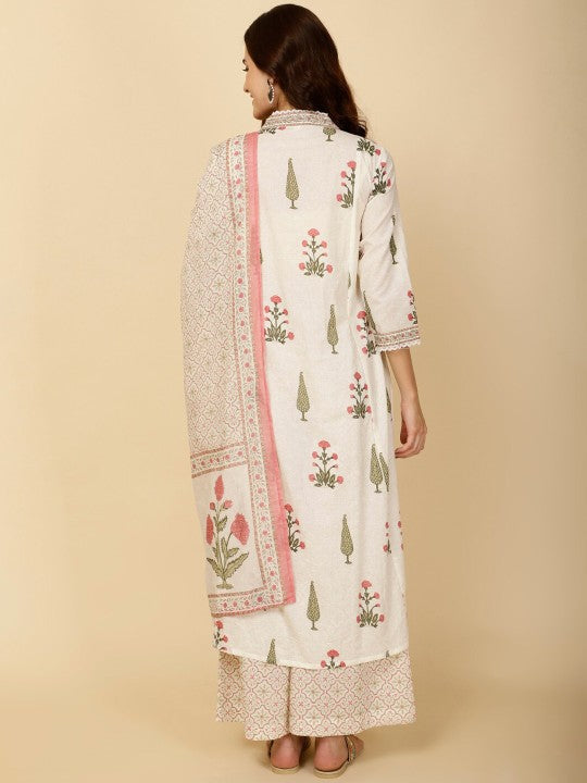 White Floral Print Cotton Kurta Set with Dupatta & Pants – Ethnic Elegance