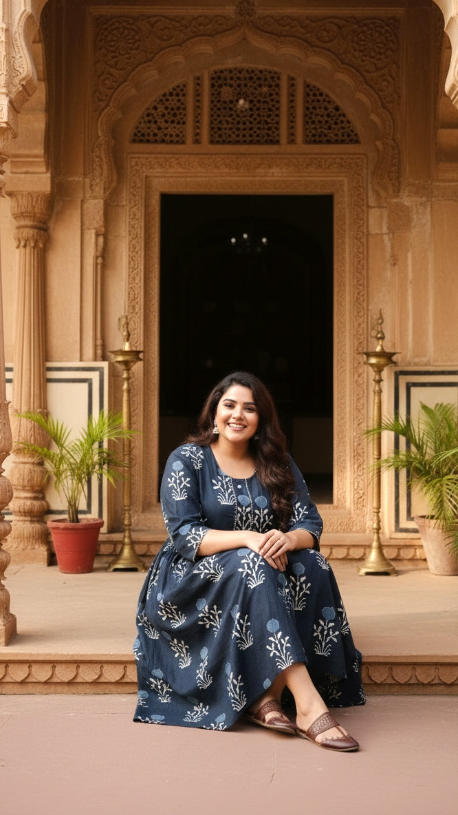 Plus Size Cotton Black Floral Printed Gown