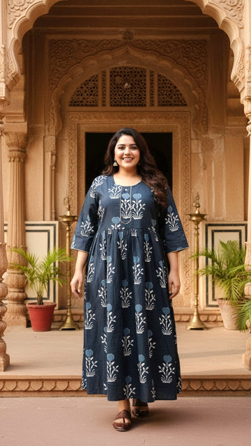 Plus Size Cotton Black Floral Printed Gown