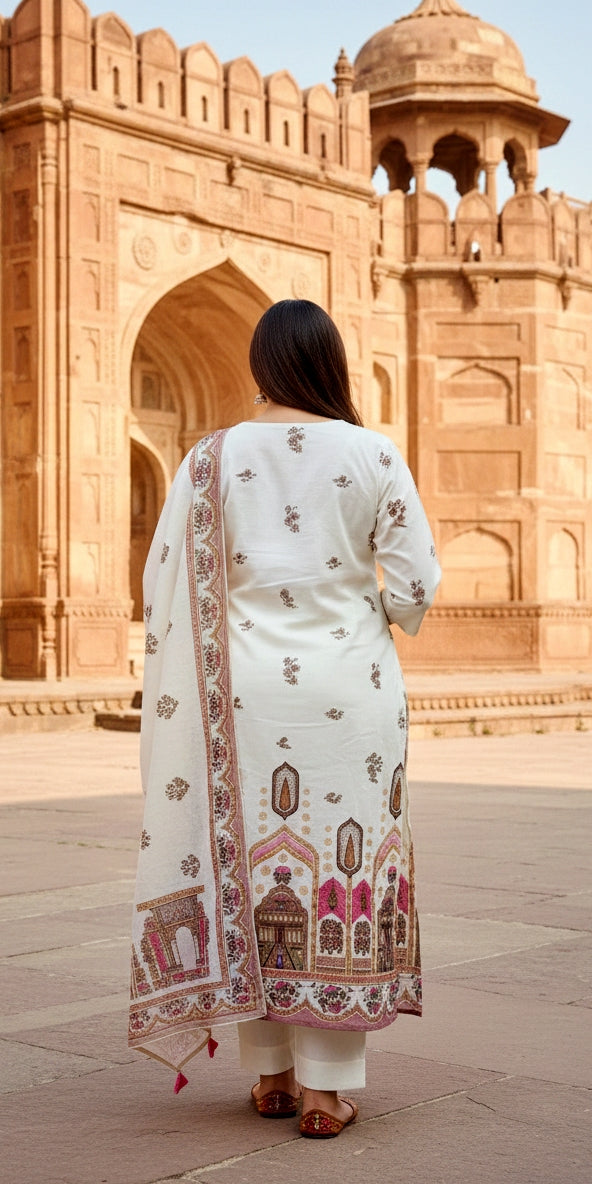 Ivory Heritage Print Kurta Set with Dupatta | Elegant Festive Wear for Women