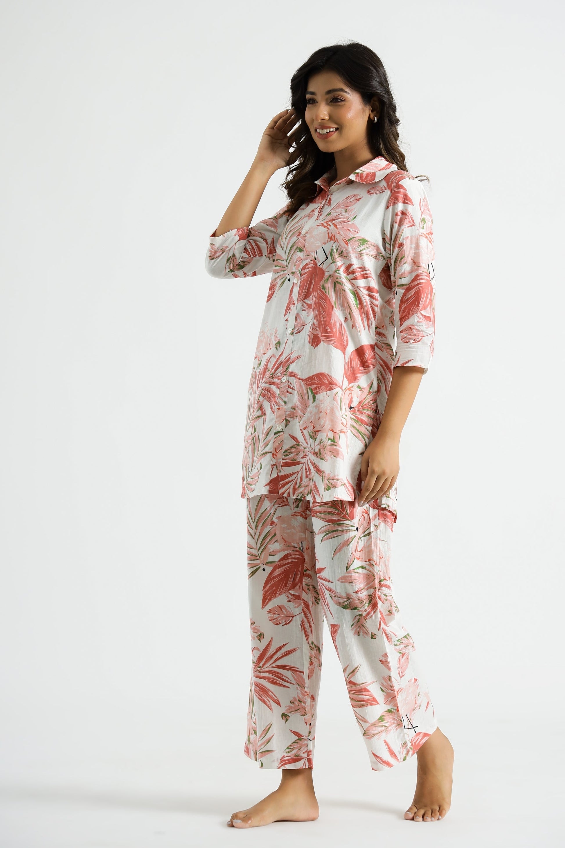 Pink Flamingo Collared Cotton Lounge Co-Ord Set with 7 button | Co-Ord Set | Shop stylish women's clothing online at Label Flavia |