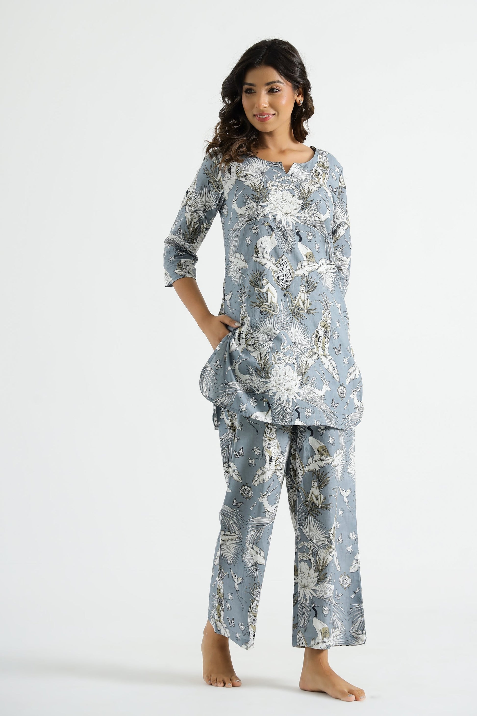 Grey Botanical Cotton Co-ord Set - Top & Trousers | Co-Ord Set | Shop stylish women's clothing online at Label Flavia |