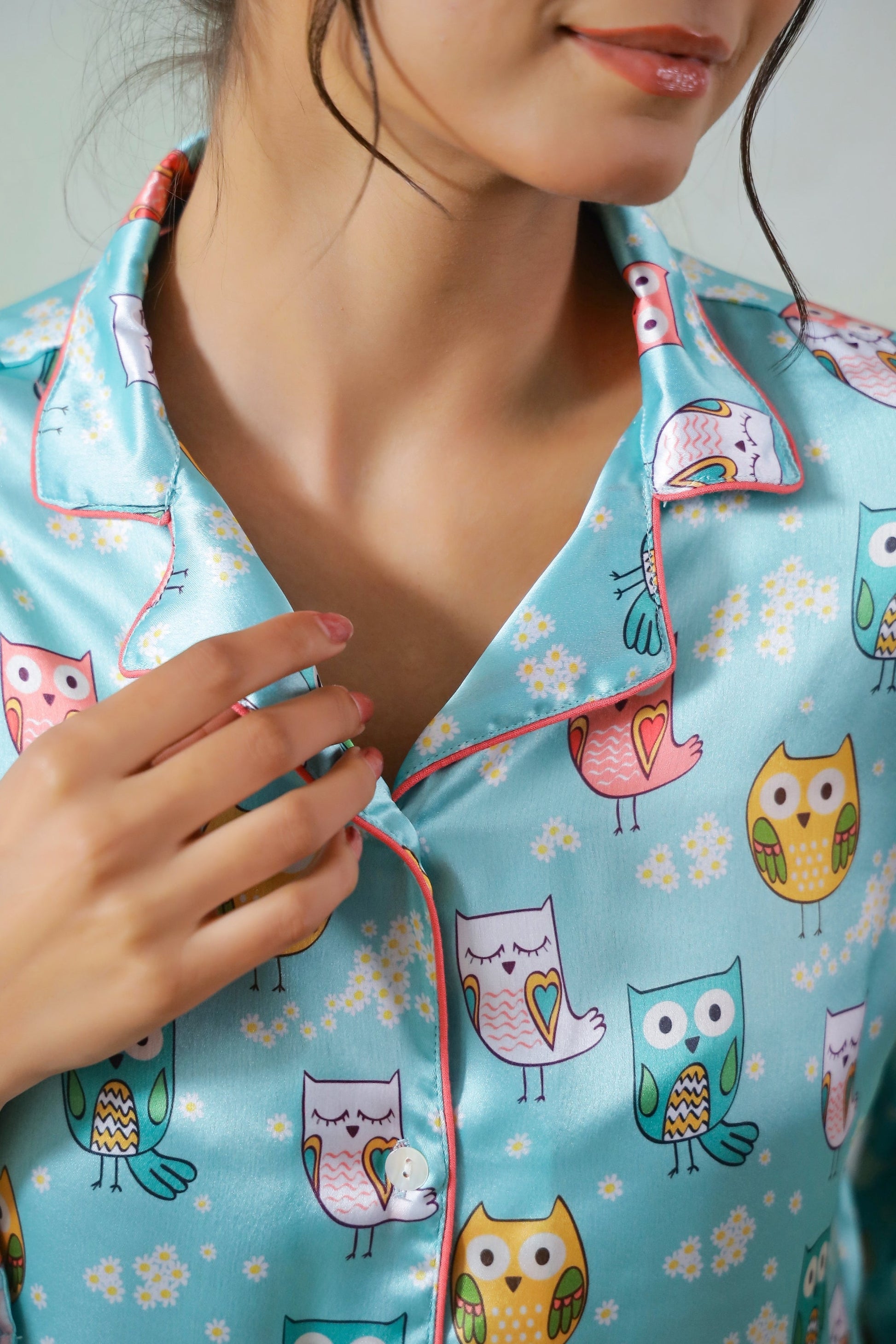 Cute Owl Print Satin Pajama Set - Cozy & Adorable Nightwear for Women | Co-Ord Set | Shop stylish women's clothing online at Label Flavia |