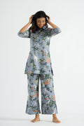 Grey Jungle Collared Cotton Lounge Co-Ord Set with 3 button | Co-Ord Set | Shop stylish women's clothing online at Label Flavia |
