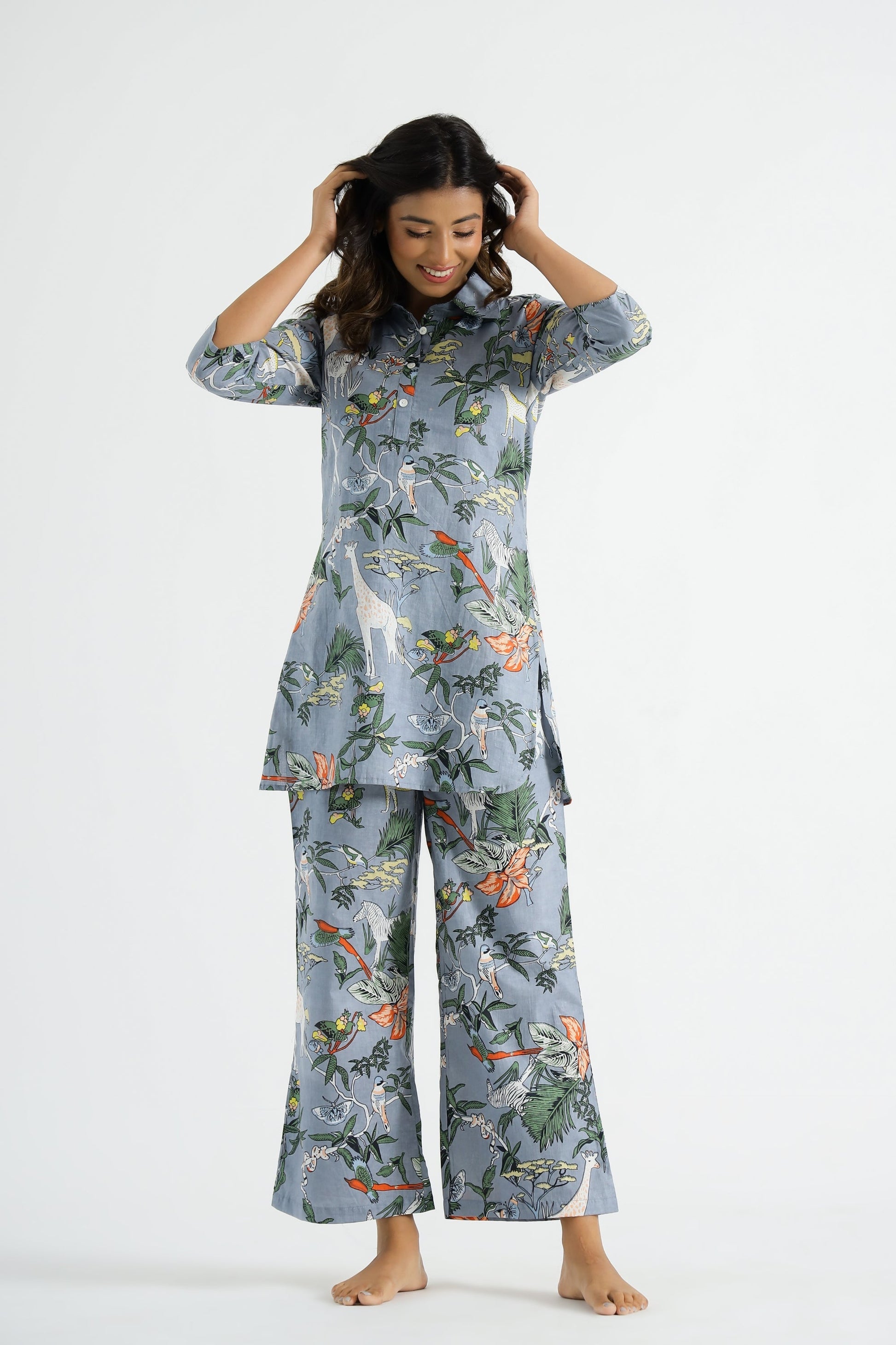Grey Jungle Collared Cotton Lounge Co-Ord Set with 3 button | Co-Ord Set | Shop stylish women's clothing online at Label Flavia |