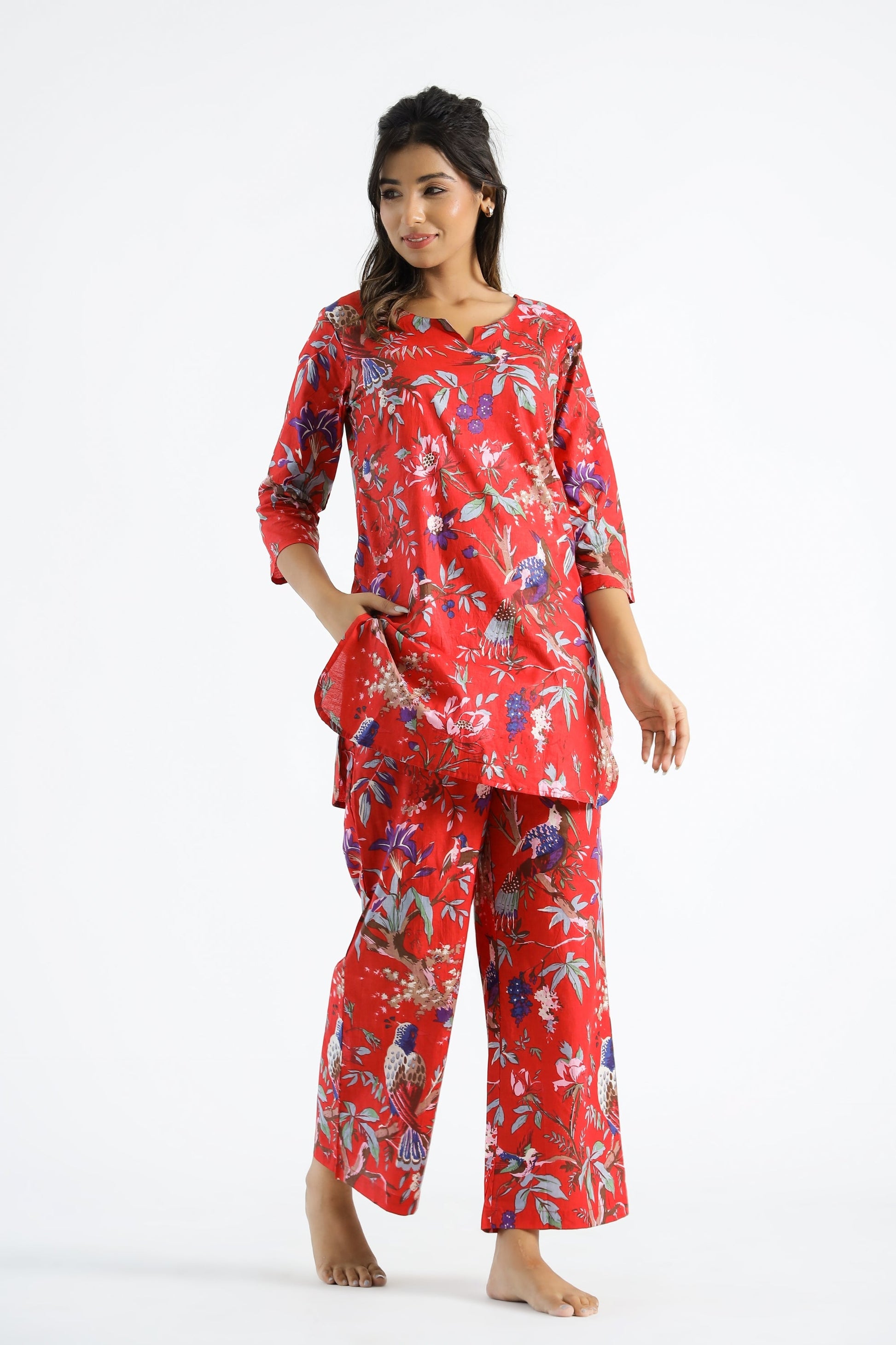 Red Chirping Birds Organic Printed Pure Cotton Loungewear Set | | Shop stylish women's clothing online at Label Flavia |