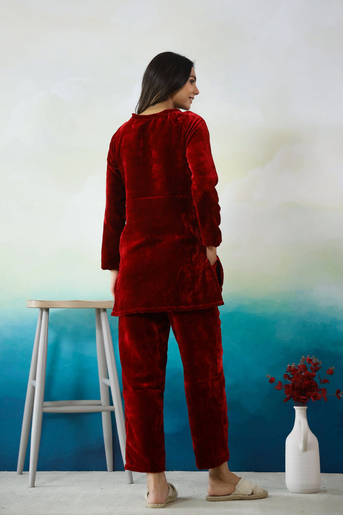 Classic Mehroon Velvet Co-Ord Set with Boat Neck | Co-Ord Set | Shop stylish women's clothing online at Label Flavia |