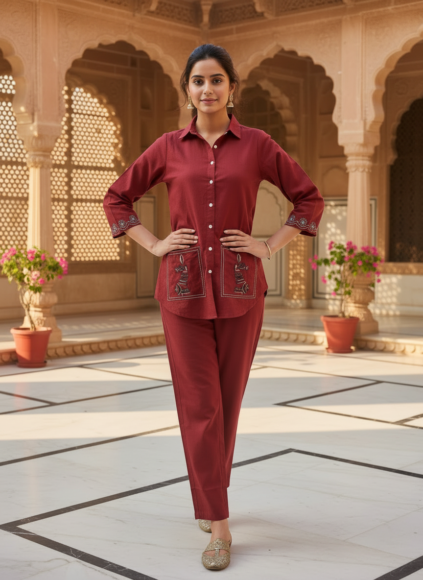 Modern Maroon Cotton Co-Ord Set for Women | Minimal Shirt Style Co-Ord Set