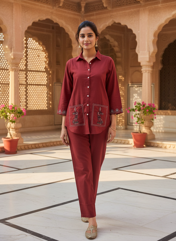 Modern Maroon Cotton Co-Ord Set for Women | Minimal Shirt Style Co-Ord Set