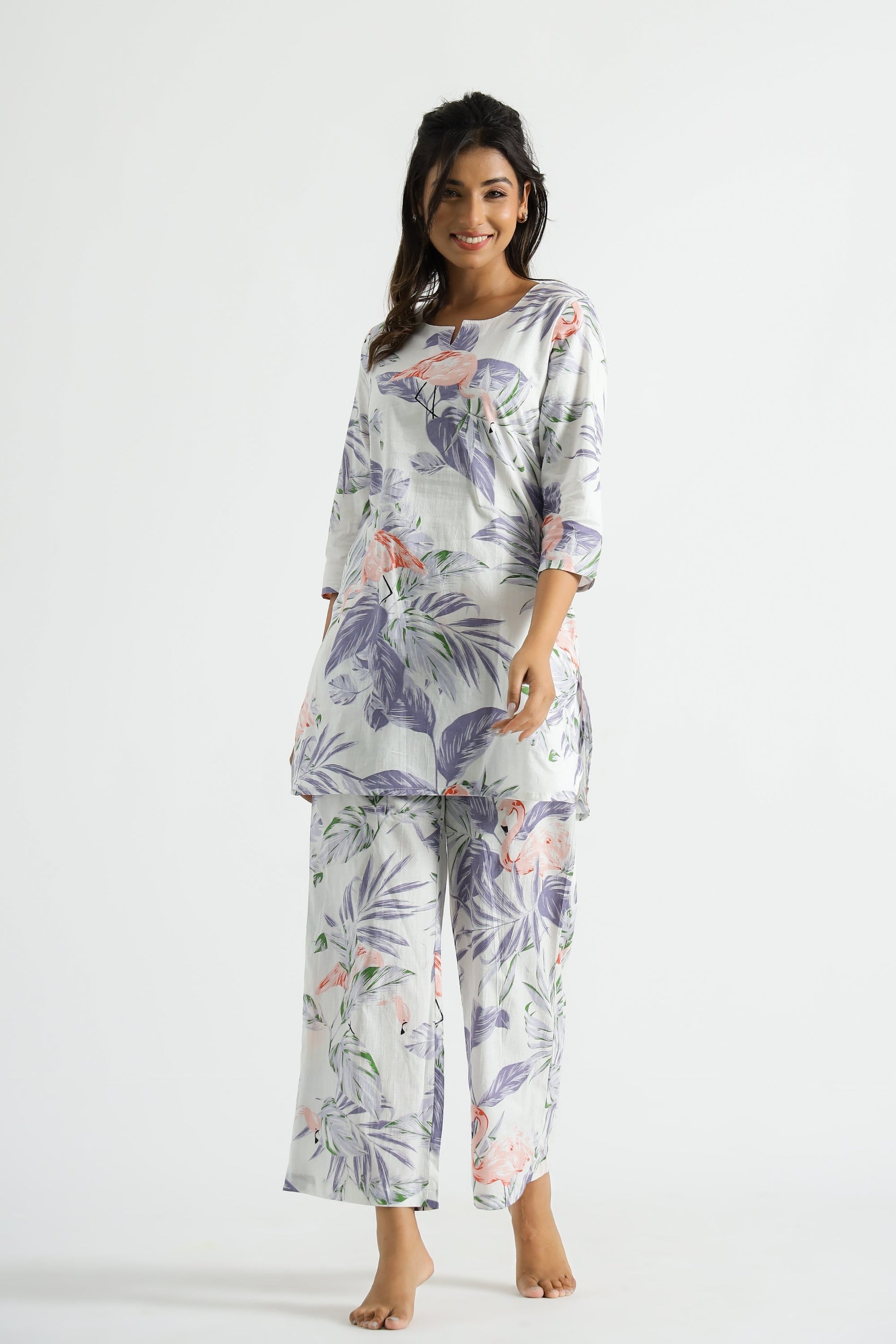 Lavender Flamingo Organic Printed Pure Cotton Loungewear Set | Co-Ord Set | Shop stylish women's clothing online at Label Flavia |
