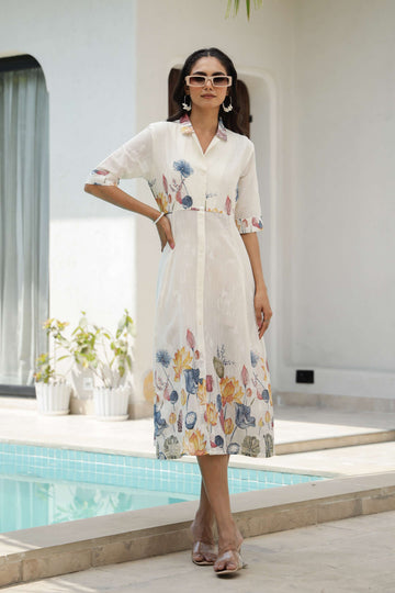 Women's White Floral Shirt Dress with Yellow & Blue Print – Midi Length