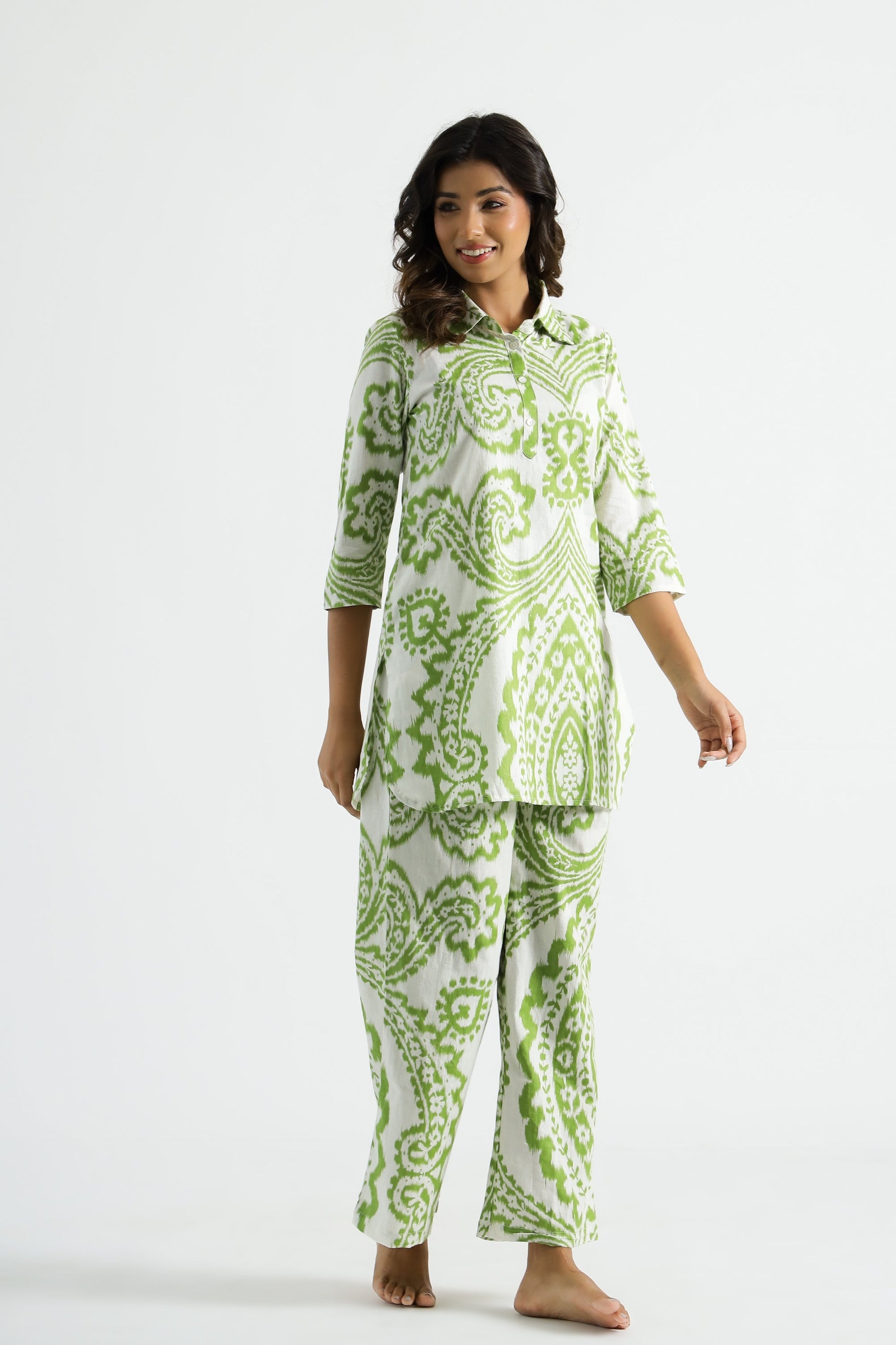 Light Green Ehtnic Motif Collared Cotton Lounge Co-Ord Set with 3 button | Co-Ord Set | Shop stylish women's clothing online at Label Flavia |