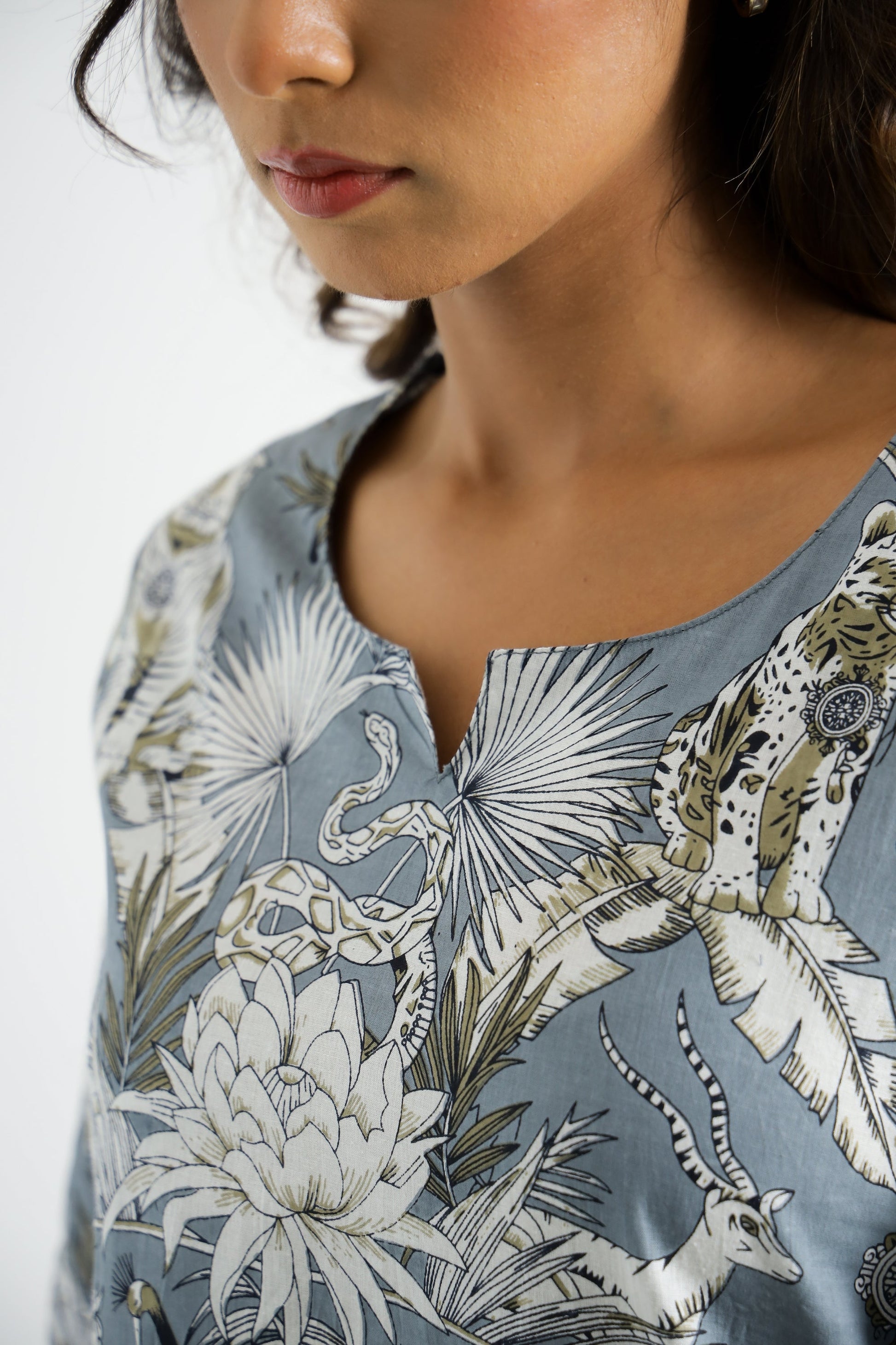 Grey Botanical Cotton Co-ord Set - Top & Trousers | Co-Ord Set | Shop stylish women's clothing online at Label Flavia |
