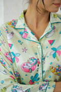 Playful Cartoon Print Satin Pajama Set for Women - Fun & Cozy Sleepwear | Co-Ord Set | Shop stylish women's clothing online at Label Flavia |