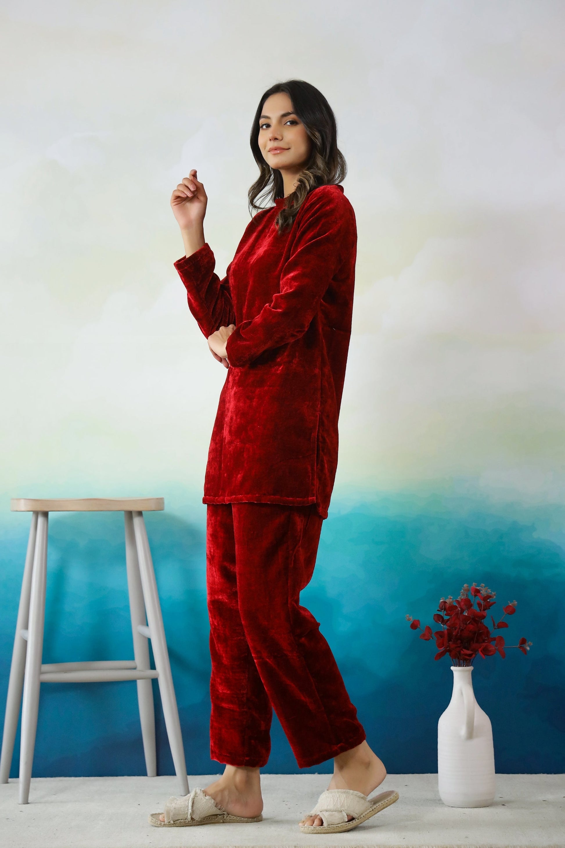 Classic Mehroon Velvet Co-Ord Set with Boat Neck | Co-Ord Set | Shop stylish women's clothing online at Label Flavia |