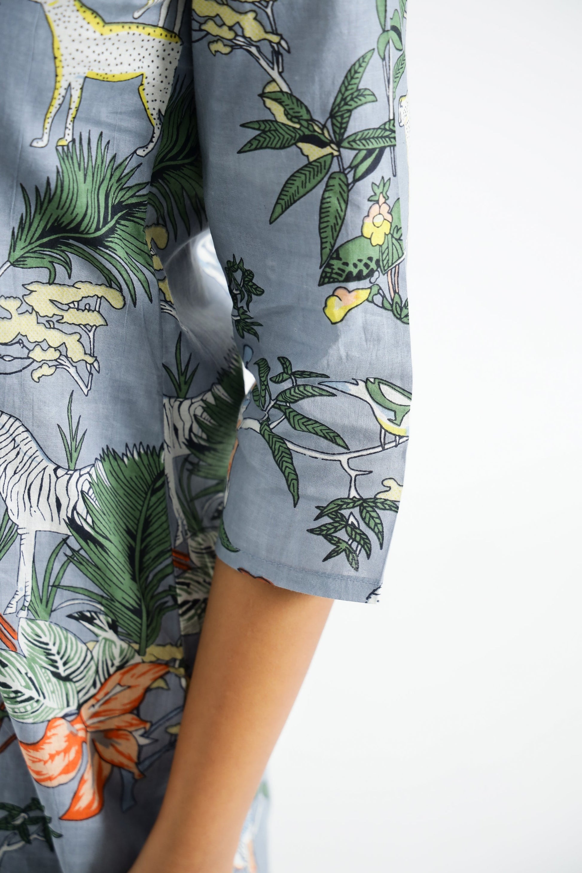 Grey Jungle Collared Cotton Lounge Co-Ord Set with 3 button | Co-Ord Set | Shop stylish women's clothing online at Label Flavia |
