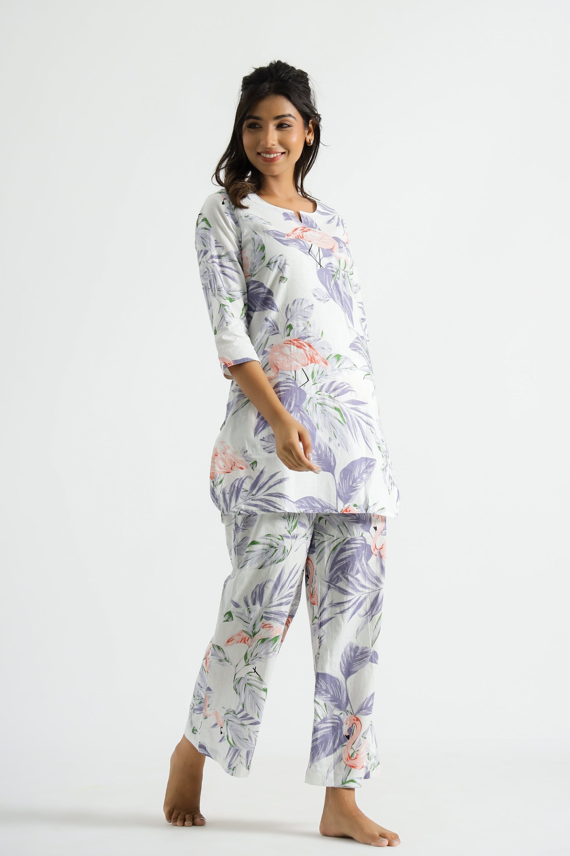 Lavender Flamingo Organic Printed Pure Cotton Loungewear Set | Co-Ord Set | Shop stylish women's clothing online at Label Flavia |
