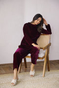 Stylish Wine Velvet Co-Ord Set with Boat Neck | Co-Ord Set | Shop stylish women's clothing online at Label Flavia |