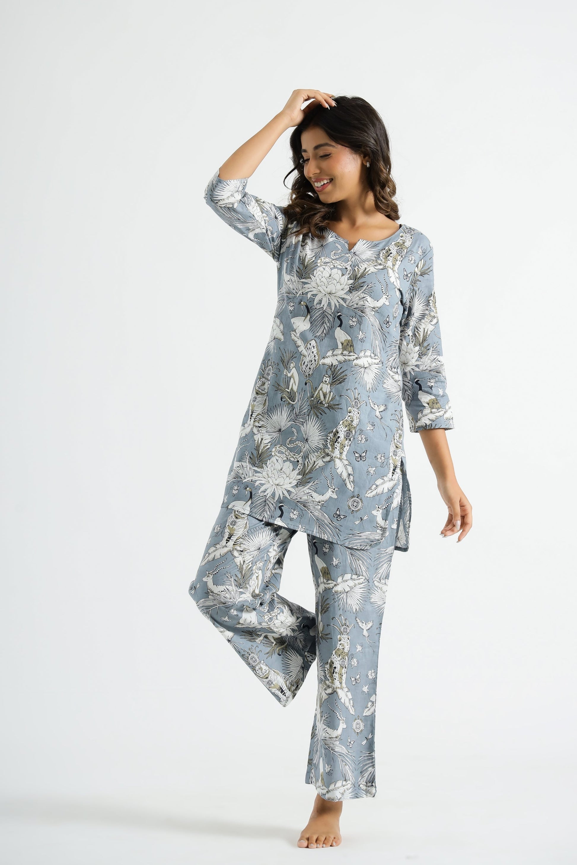 Grey Botanical Cotton Co-ord Set - Top & Trousers | Co-Ord Set | Shop stylish women's clothing online at Label Flavia |