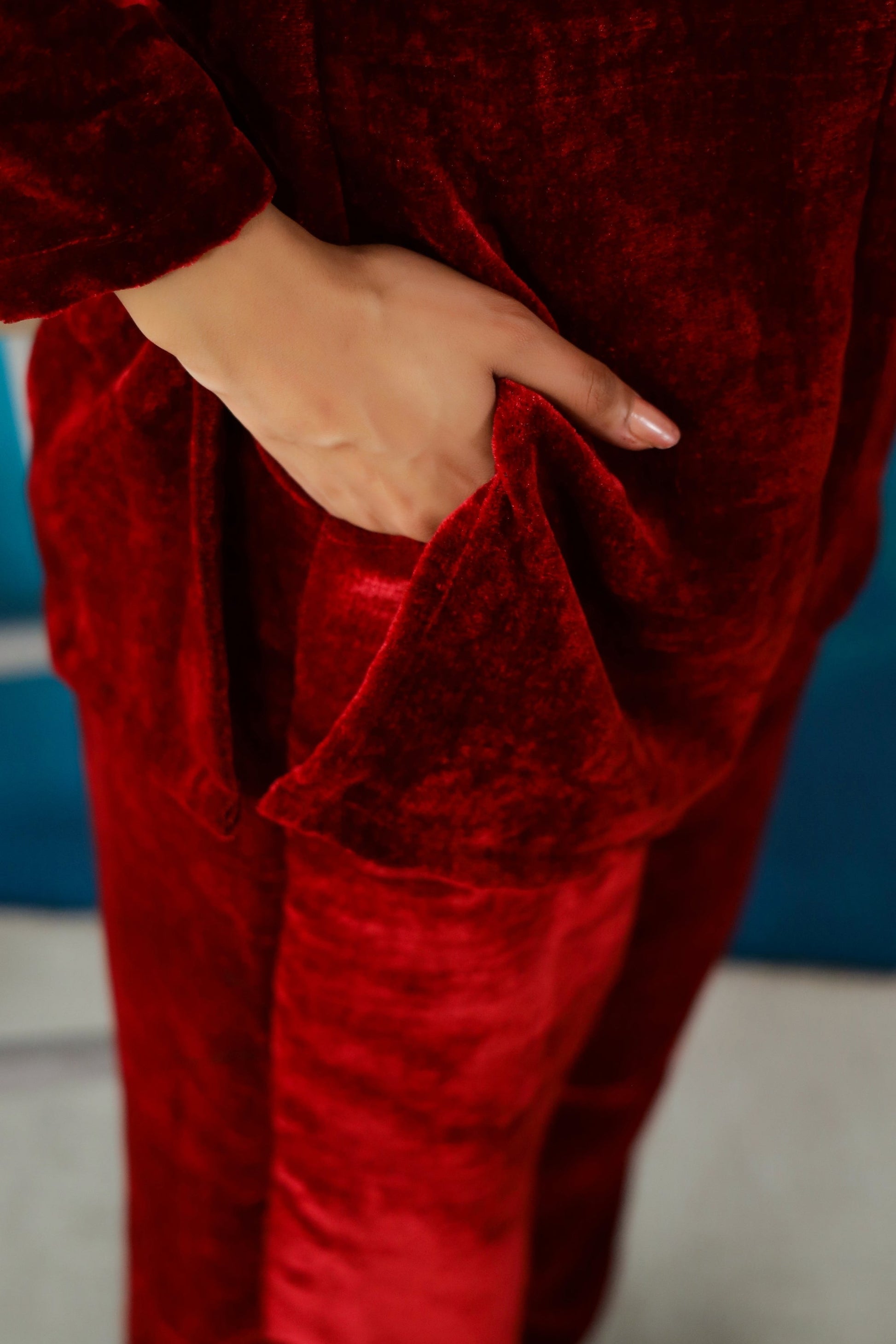 Classic Mehroon Velvet Co-Ord Set with Boat Neck | Co-Ord Set | Shop stylish women's clothing online at Label Flavia |