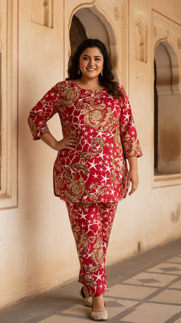 Plus Size Red Abstract Cotton Co-ord Set – Comfortable Everyday Wear for Women