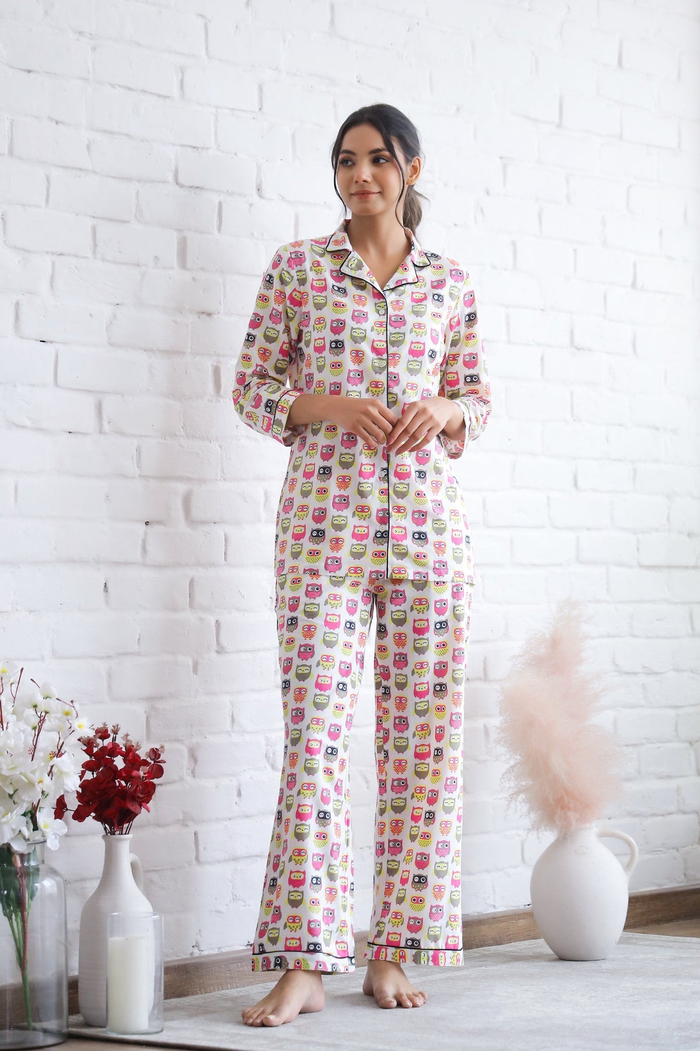 Owl Printed Cotton Night Suit | Co-Ord Set | Shop stylish women's clothing online at Label Flavia |