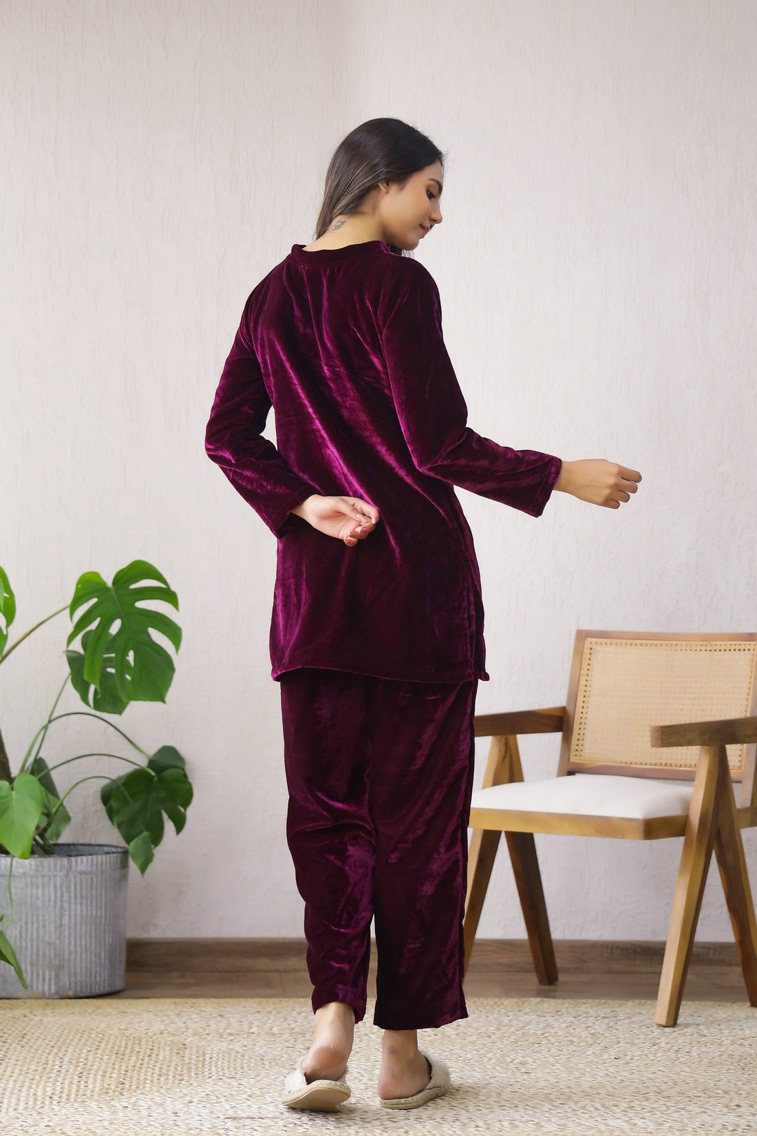 Stylish Wine Velvet Co-Ord Set with Boat Neck | Co-Ord Set | Shop stylish women's clothing online at Label Flavia |