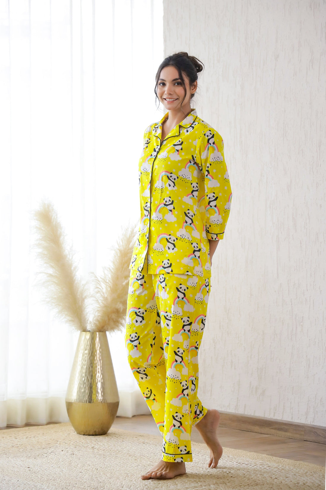 Yellow Printed Cotton Night Suit | Co-Ord Set | Shop stylish women's clothing online at Label Flavia |