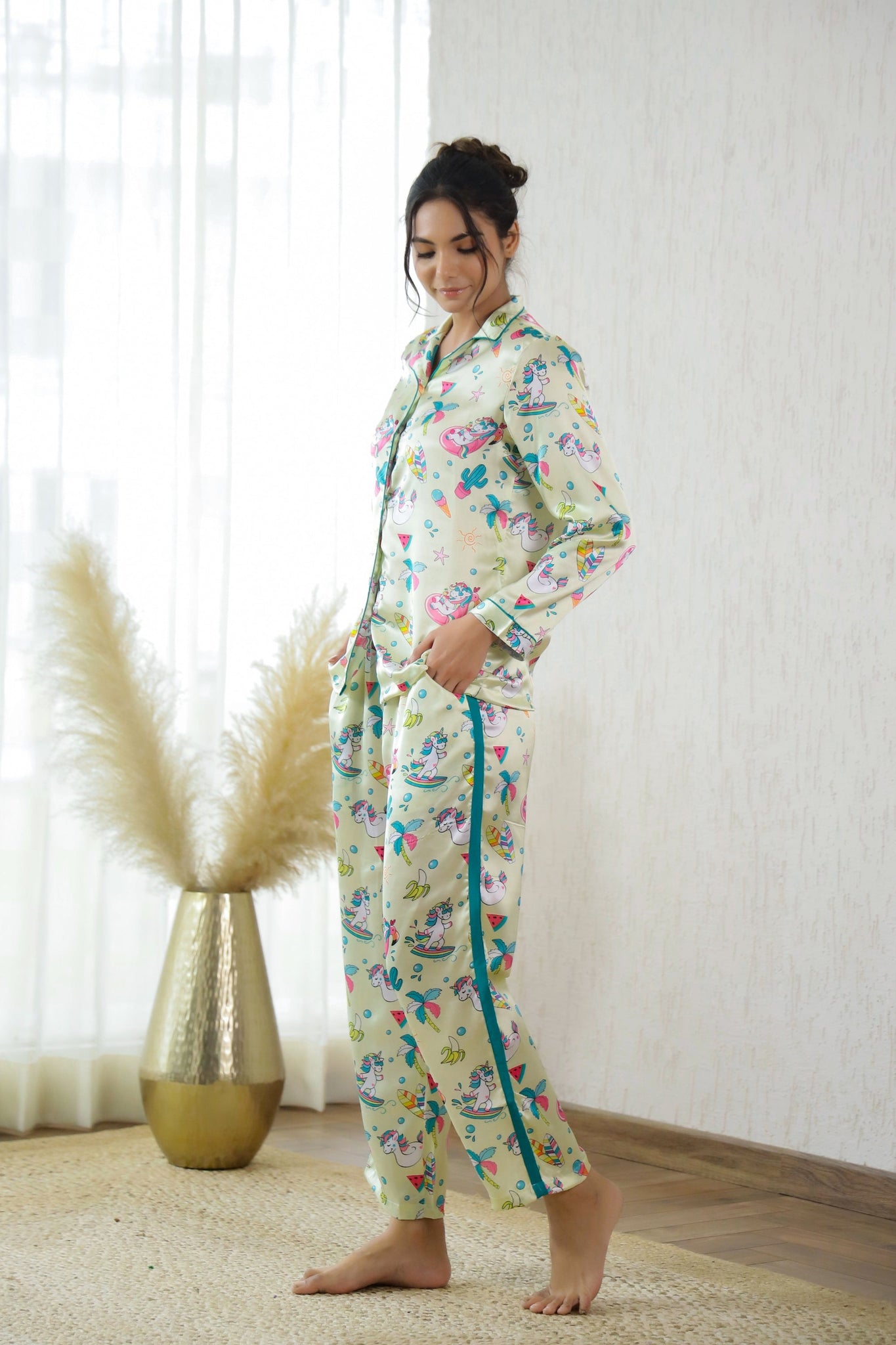 Playful Cartoon Print Satin Pajama Set for Women - Fun & Cozy Sleepwear | Co-Ord Set | Shop stylish women's clothing online at Label Flavia |