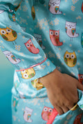 Cute Owl Print Satin Pajama Set - Cozy & Adorable Nightwear for Women | Co-Ord Set | Shop stylish women's clothing online at Label Flavia |