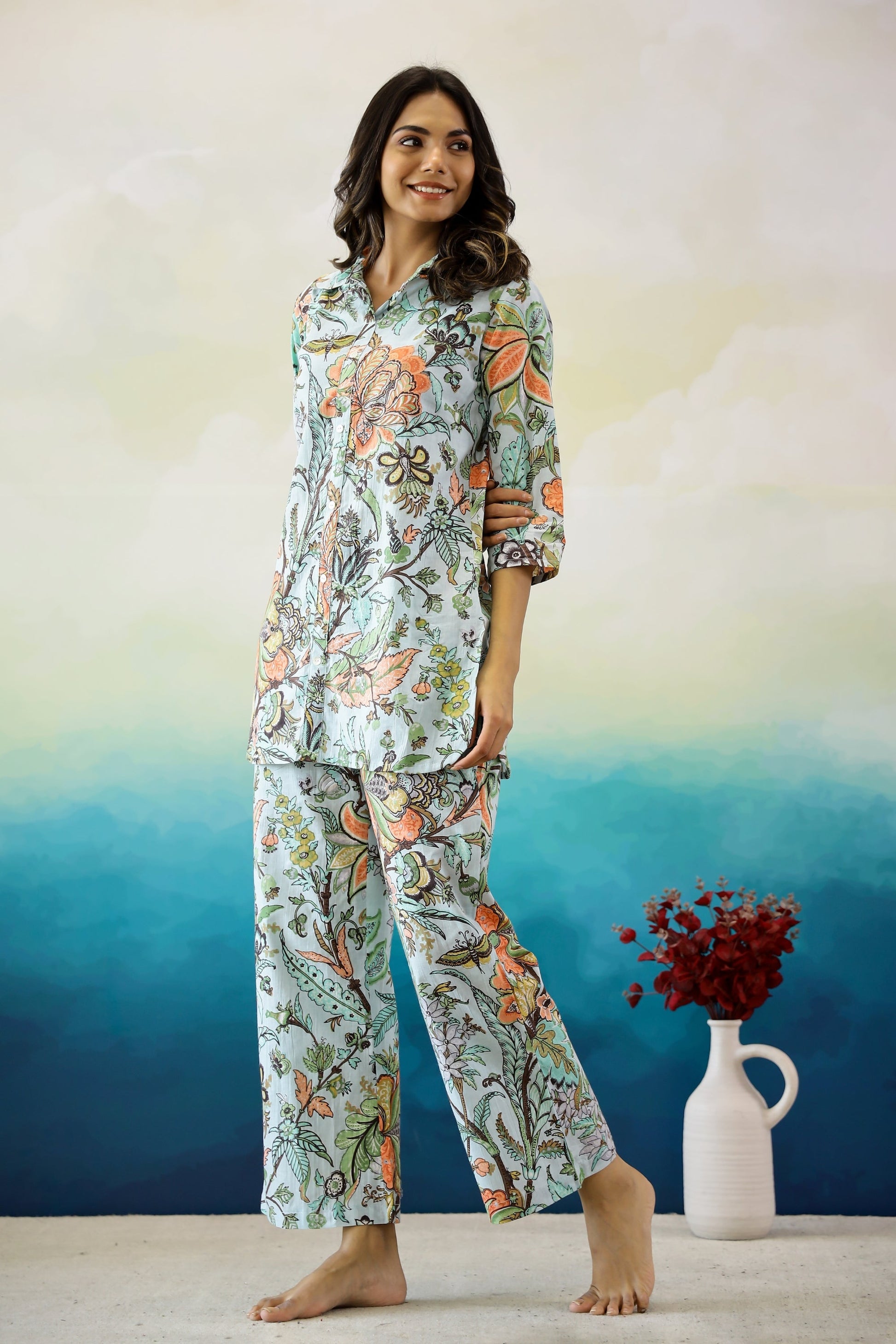 Blue & Orange Floral Jaal Cotton Coord Set | Co-Ord Set | Shop stylish women's clothing online at Label Flavia |