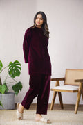 Stylish Wine Velvet Co-Ord Set with Boat Neck | Co-Ord Set | Shop stylish women's clothing online at Label Flavia |