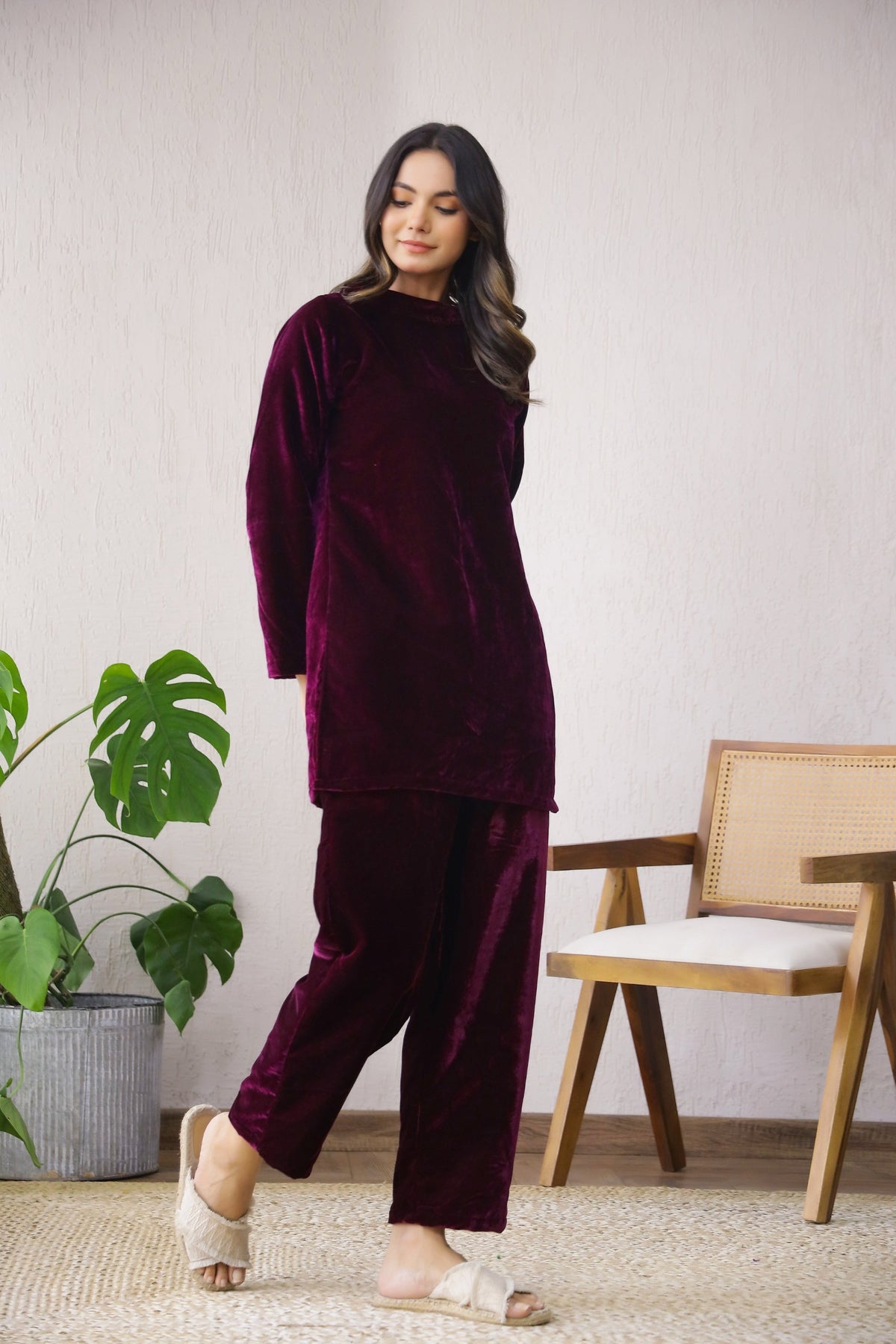 Stylish Wine Velvet Co-Ord Set with Boat Neck | Co-Ord Set | Shop stylish women's clothing online at Label Flavia |