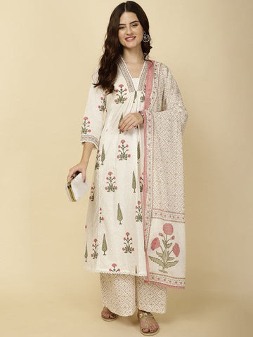 White Floral Print Cotton Kurta Set with Dupatta & Pants – Ethnic Elegance