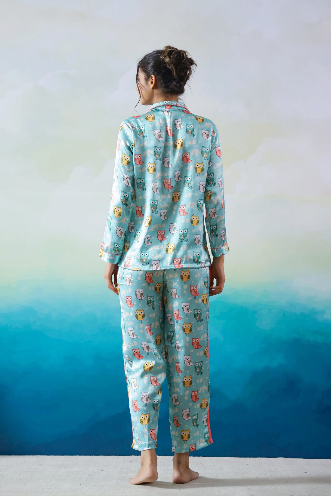 Cute Owl Print Satin Pajama Set - Cozy & Adorable Nightwear for Women | Co-Ord Set | Shop stylish women's clothing online at Label Flavia |