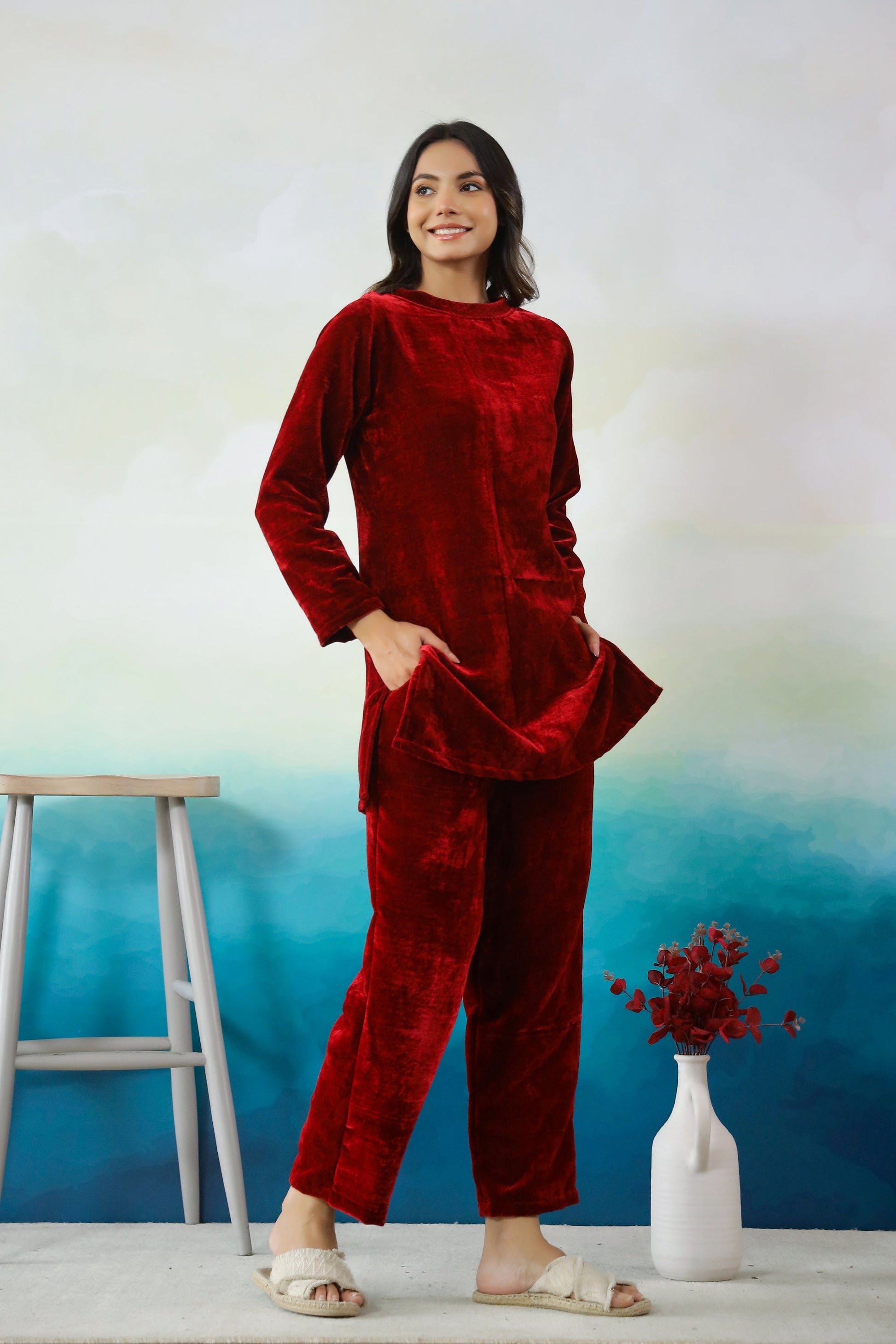 Classic Mehroon Velvet Co-Ord Set with Boat Neck | Co-Ord Set | Shop stylish women's clothing online at Label Flavia |