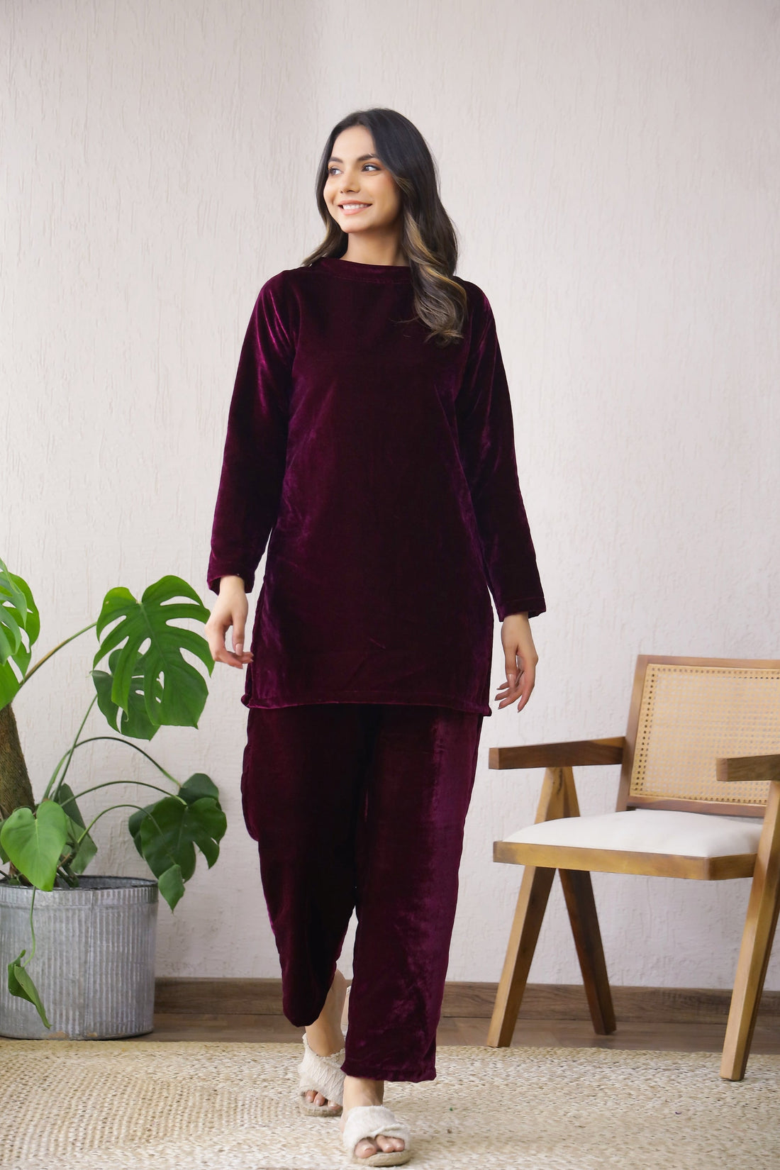 Stylish Wine Velvet Co-Ord Set with Boat Neck | Co-Ord Set | Shop stylish women's clothing online at Label Flavia |