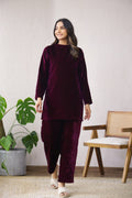 Stylish Wine Velvet Co-Ord Set with Boat Neck | Co-Ord Set | Shop stylish women's clothing online at Label Flavia |