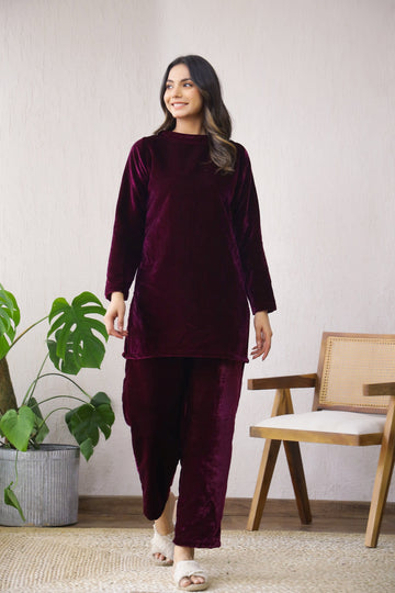 Stylish Wine Velvet Co-Ord Set with Boat Neck | Co-Ord Set | Shop stylish women's clothing online at Label Flavia |