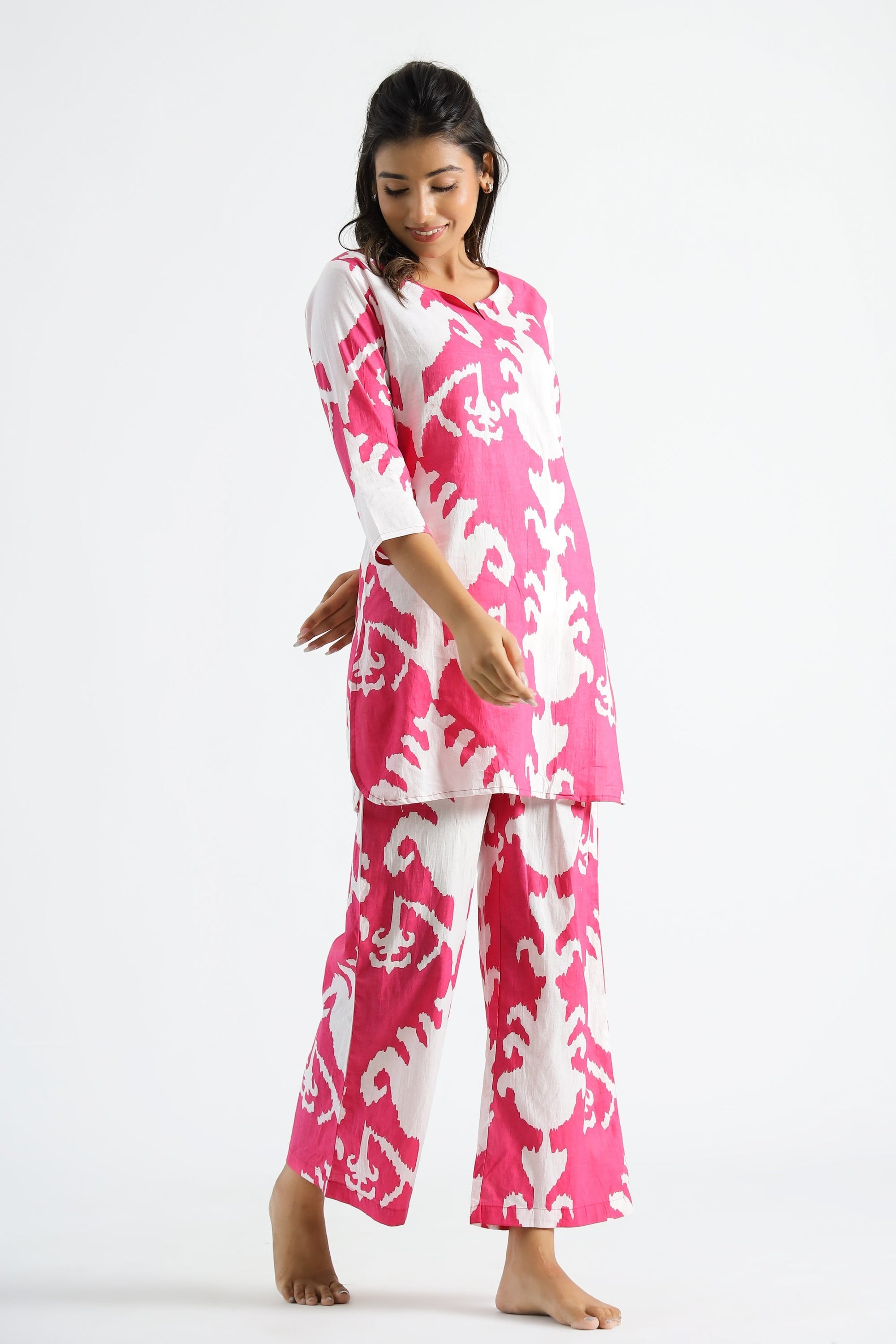 Pink Motif Organic Printed Pure Cotton Loungewear Set | Co-Ord Set | Shop stylish women's clothing online at Label Flavia |