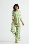 Light Green Ehtnic Motif Collared Cotton Lounge Co-Ord Set with 3 button | Co-Ord Set | Shop stylish women's clothing online at Label Flavia |