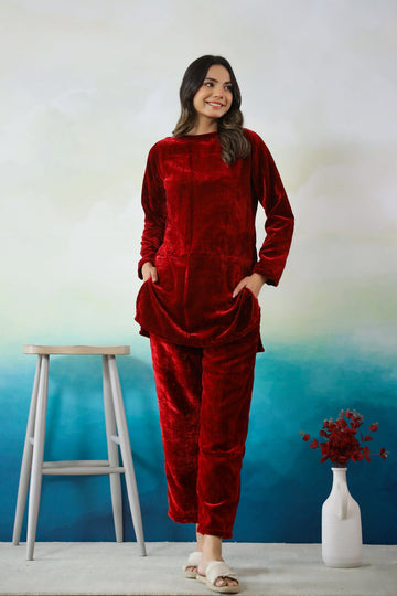 Classic Mehroon Velvet Co-Ord Set with Boat Neck | Co-Ord Set | Shop stylish women's clothing online at Label Flavia |