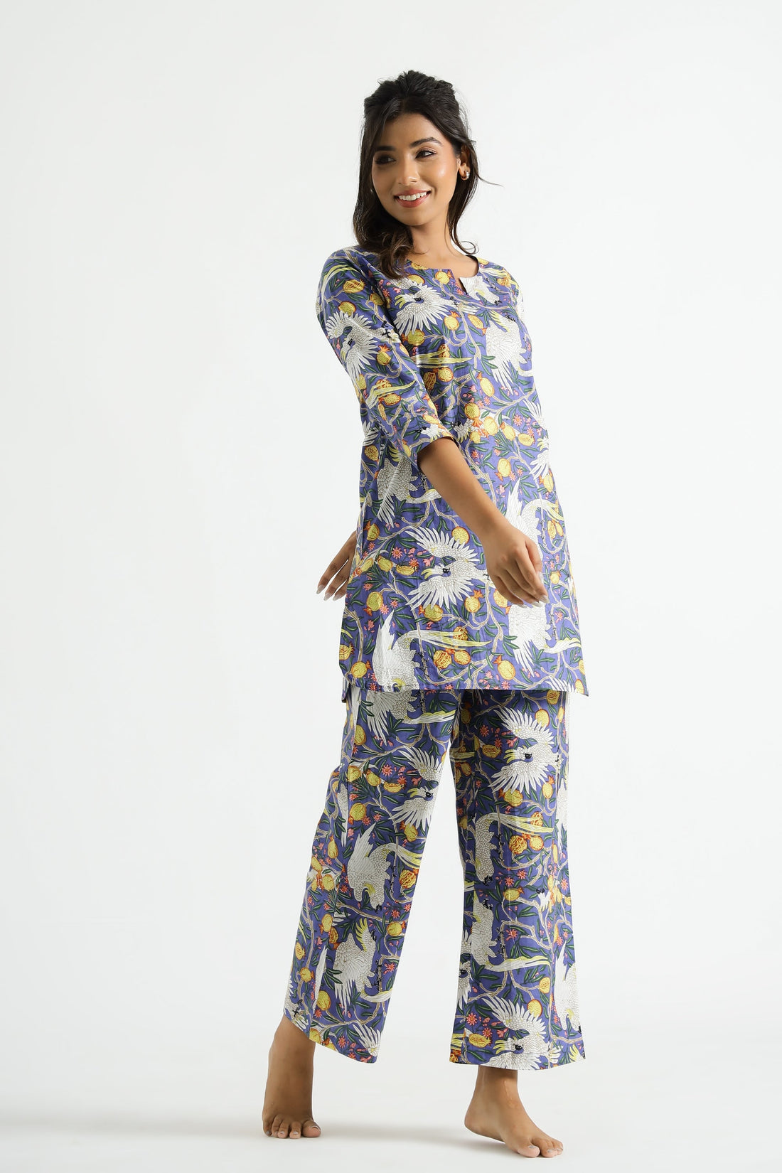 Purple Bird Organic Printed Pure Cotton Loungewear Set | Co-Ord Set | Shop stylish women's clothing online at Label Flavia |