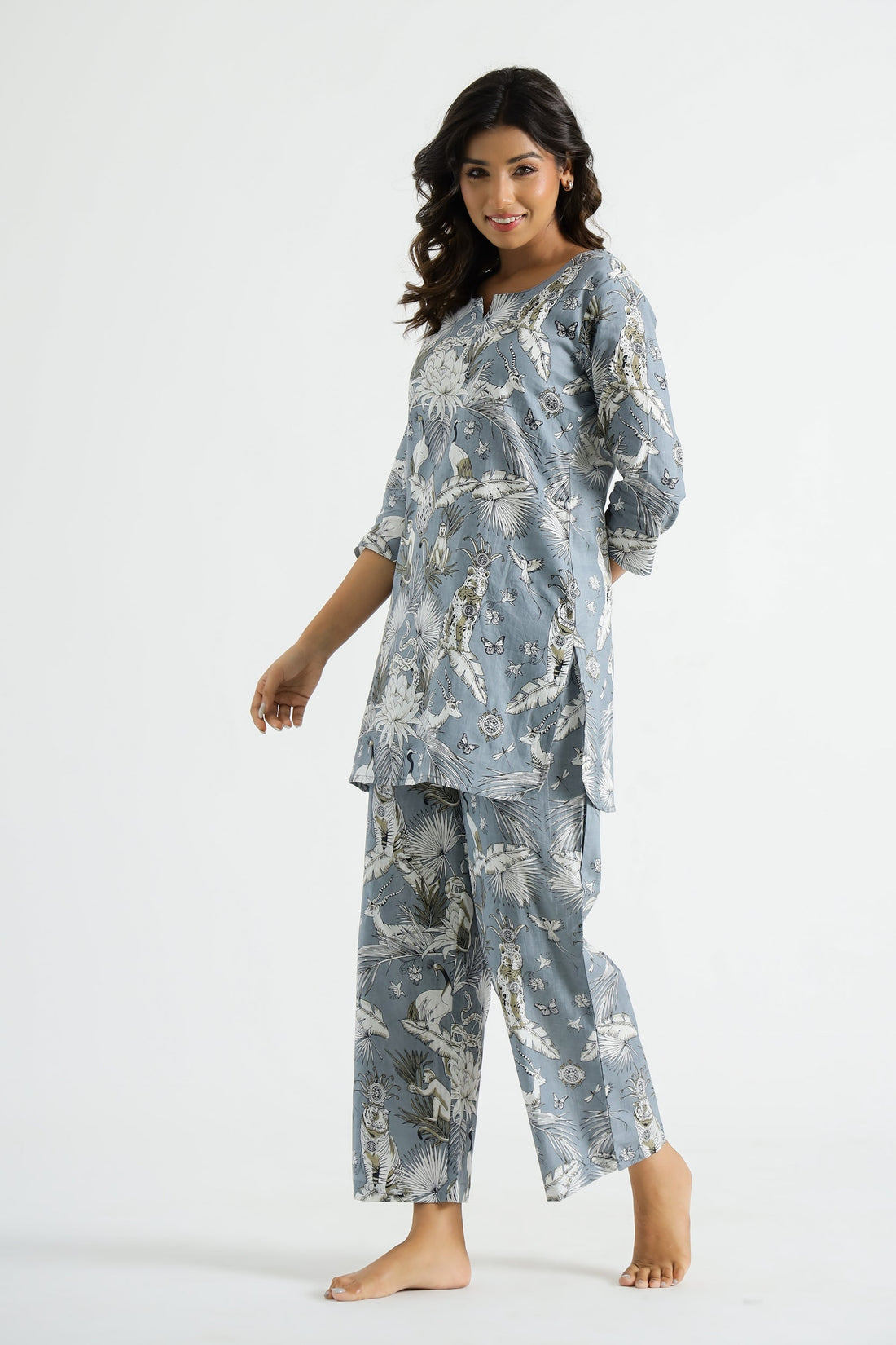 Grey Botanical Cotton Co-ord Set - Top & Trousers | Co-Ord Set | Shop stylish women's clothing online at Label Flavia |