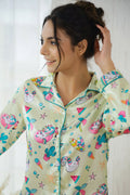 Playful Cartoon Print Satin Pajama Set for Women - Fun & Cozy Sleepwear | Co-Ord Set | Shop stylish women's clothing online at Label Flavia |