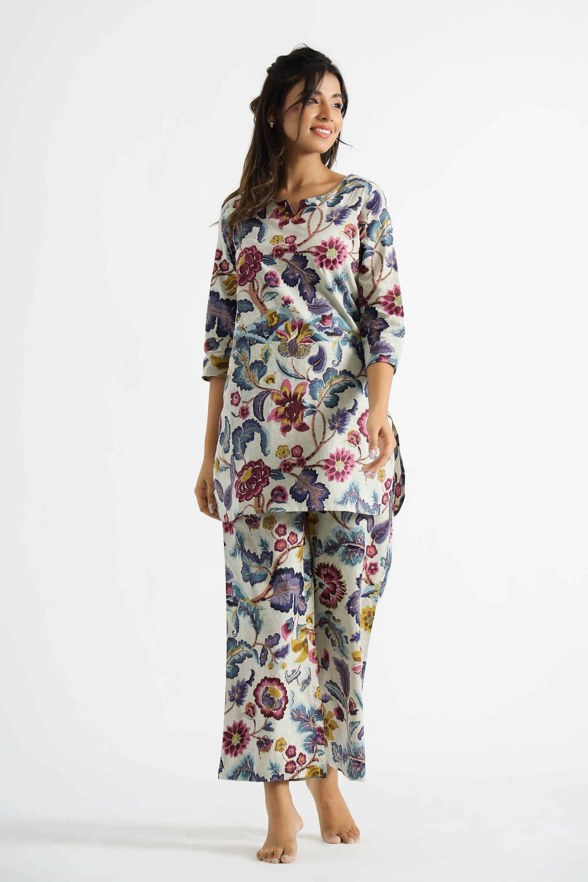 Floral Multicolor Organic Printed Pure Cotton Loungewear Set | | Shop stylish women's clothing online at Label Flavia |