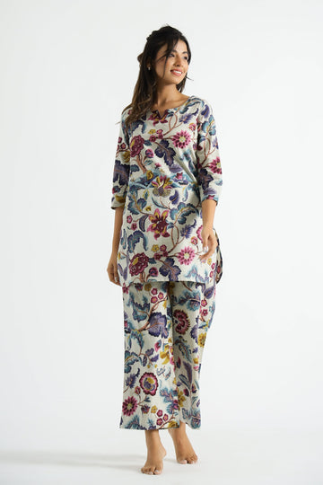 Floral Multicolor Organic Printed Pure Cotton Loungewear Set | | Shop stylish women's clothing online at Label Flavia |